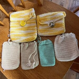 Vintage Handmade Yellow and Cream Crochet Bag Set